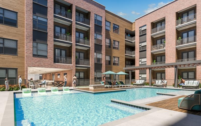 outdoor swimming pool with tanning shelf